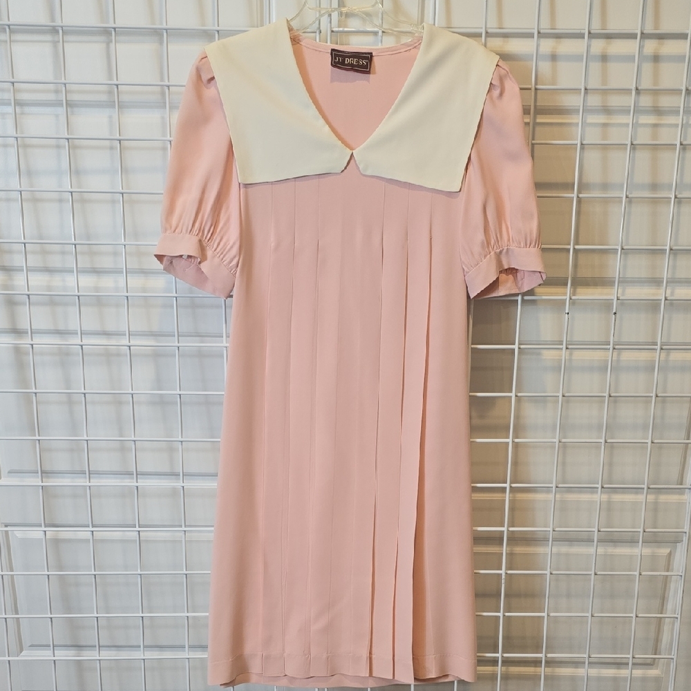 Vintage Pink Pleated Front Midi Dress with White Collar Pit To Pit 17.5"